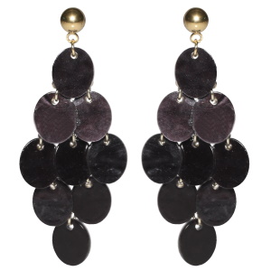 Boucles d'oreilles pendantes composées d'une puce ronde en acier doré et de pastilles ovales de couleur noire.