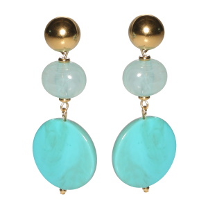 Boucles d'oreilles pendantes composées d'une puce en acier doré, d'une perle de couleur bleue et d'une pastille ronde en pierre turquoise d'imitation.