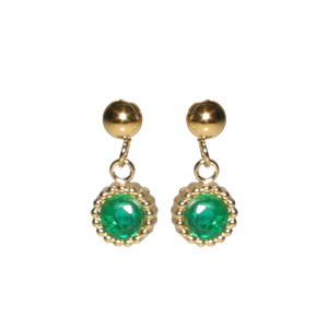 Boucles d'oreilles pendantes composées d'une puce ronde en acier doré et d'un cristal vert serti clos.