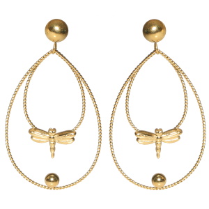 Boucles d'oreilles pendantes composées d'une puce ronde et de deux cercles ovales avec une libellule en acier doré.