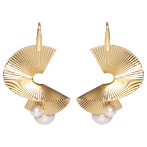 Boucles d'oreilles pendantes en spirale en acier doré avec deux perles d'imitation.