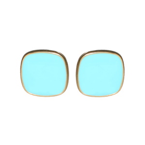 Boucles d'oreilles pendantes de forme carré en acier doré pavées d'émail de couleur bleu turquoise.