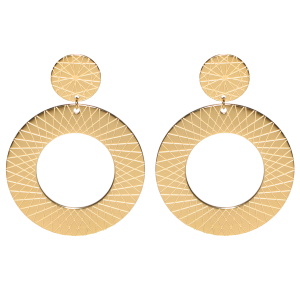 Boucles d'oreilles pendantes composées d'une puce ronde avec motifs et d'un cercle en acier doré.