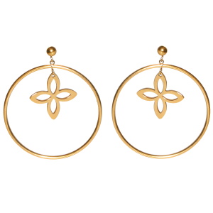 Boucles d'oreilles pendantes composées d'un trèfle à quatre feuilles et d'un cercle en acier doré.