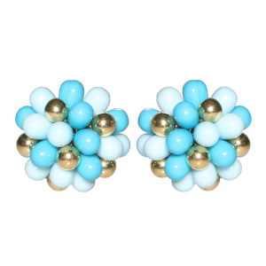 Boucles d'oreilles en forme de fleur avec perles en acier doré et de couleur bleue.