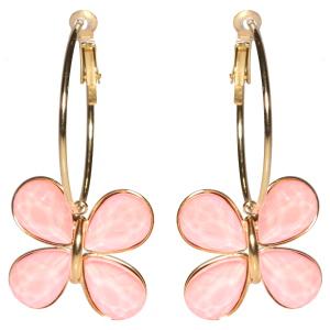 Boucles d'oreilles créoles en acier doré avec un papillon serti de cristaux de couleur rose.