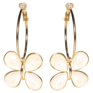 Boucles d'oreilles créoles en acier doré avec un papillon serti de cristaux de couleur blanc.