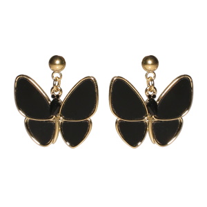 Boucles d'oreilles pendantes composées d'une puce ronde en acier doré et d'un papillon de couleur noir surmonté de cristaux noirs.