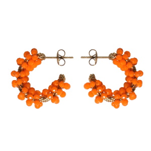 Boucles d'oreilles créoles en acier doré surmontées de perles de couleur orange.