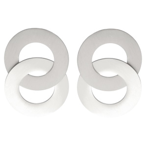 Boucles d'oreilles pendantes composées de deux cercles entrelacés en acier argenté.