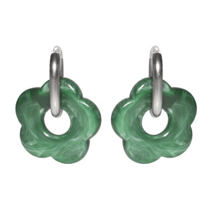 Boucles d'oreilles créoles en acier argenté avec une fleur de couleur verte.