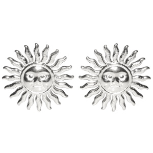 Boucles d'oreilles en forme de soleil avec visage en acier argenté.