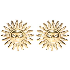 Boucles d'oreilles en forme de soleil avec visage en acier doré.