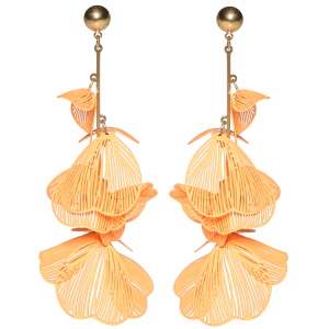 Boucles d'oreilles pendantes en acier doré avec des feuilles en métal peint de couleur orange.