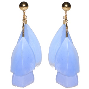Boucles d'oreilles pendantes en acier doré avec des plumes de couleur bleue.