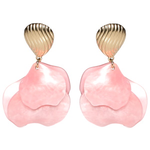 Boucles d'oreilles pendantes en acier doré avec des pétales de couleur rose.