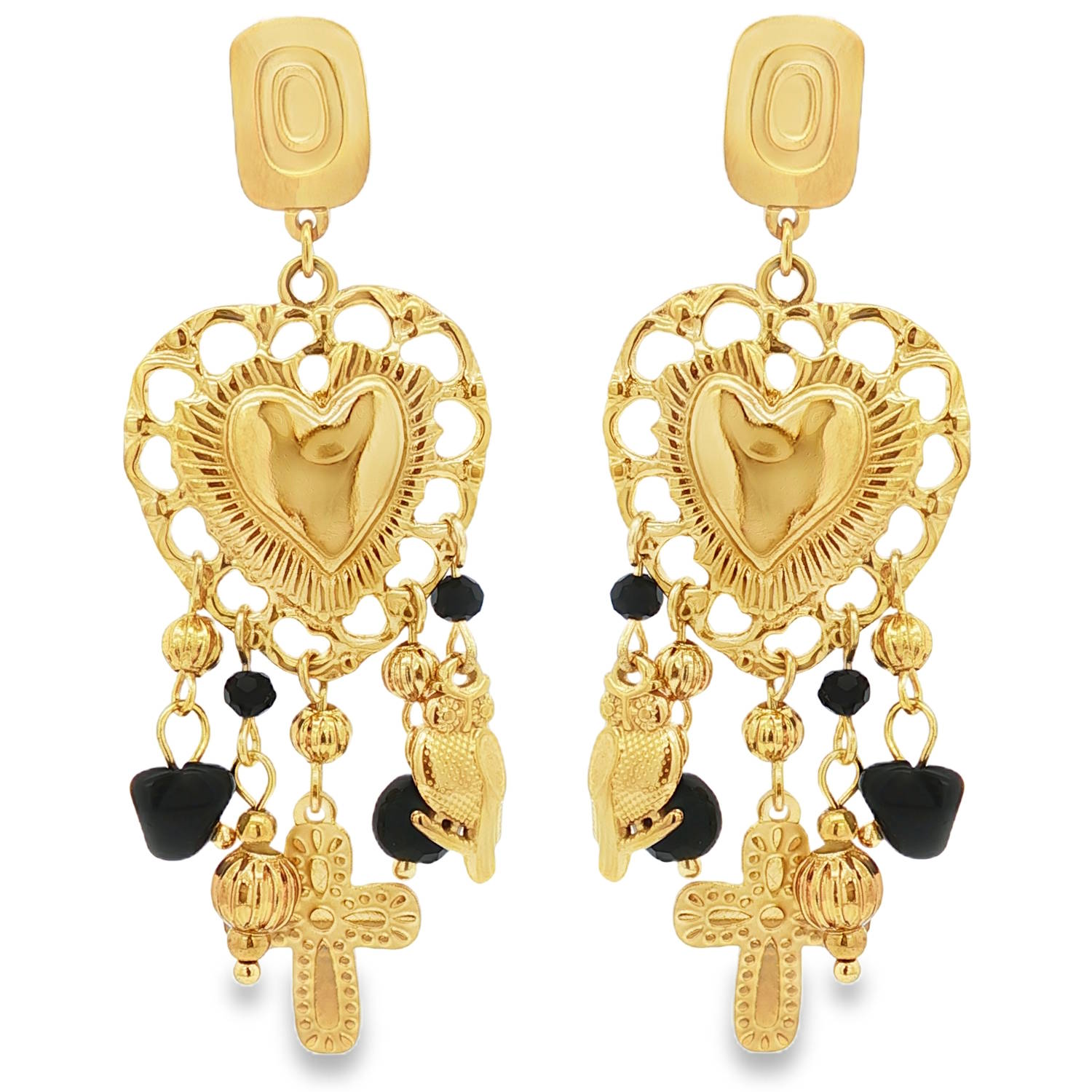 Ces boucles d'oreilles pendantes en acier doré présentent un design complexe.<br/>Elles sont ornées d'un motif de cœur ajouré et suspendues avec des breloques variées, incluant des perles, une croix et un hibou.<br/>Leur éclat chaleureux et leur composition artistique en font un accessoire remarquable. Chouette Coeur Hibou Pendantes Perle Adolescent Adulte Amour Animaux Femme Fille Indémodable Oiseaux Religion Symboles Ces boucles d'oreilles pendantes en acier doré présentent un design complexe.<br/>Elles sont ornées d'un motif de cœur ajouré et suspendues avec des breloques variées, incluant des perles, une croix et un hibou.<br/>Leur éclat chaleureux et leur composition artistique en font un accessoire remarquable. Chouette Coeur Hibou Pendantes Perle Adolescent Adulte Amour Animaux Femme Fille Indémodable Oiseaux Religion Symboles