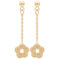 Boucles d'oreilles pendantes composées d'une puce ronde et d'une chaîne avec une fleur en plaqué or jaune 18 carats.