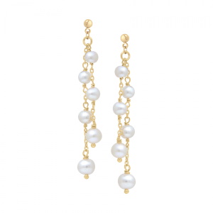 Boucles d'oreilles pendantes composées d'une puce ronde en plaqué or jaune 18 carats et de deux chaînettes avec perles d'eau douce.