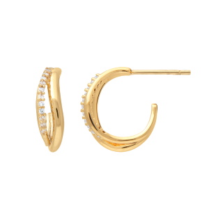 Boucles d'oreilles créoles ouvertes en plaqué or jaune 18 carats pavées d'oxydes de zirconium blancs.