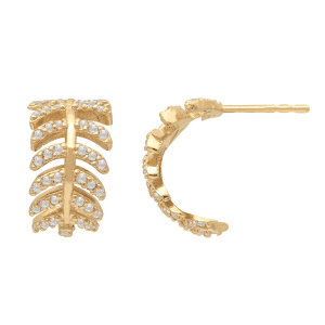 Boucles d'oreilles créoles en forme de feuilles de laurier en plaqué or jaune 18 carats serties d'oxydes de zirconium blancs.