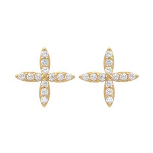 Apportez une touche de lumière et de sophistication à votre visage avec ces magnifiques boucles d'oreilles puces. Arborant un design en forme de croix étoilée aux lignes fines et gracieuses, ces bijoux capturent l'essence du chic intemporel. Chaque branche est méticuleusement sertie d'oxydes de zirconium ronds et brillants, imitant la pureté du diamant pour un scintillement maximal à chaque mouvement.