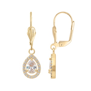 Boucles d'oreilles dormeuses en plaqué or jaune 18 carats avec un pendant serti d'un oxyde de zirconium blanc en forme de goutte entouré d'oxydes de zirconium blancs.