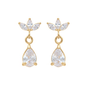 Boucles d'oreilles pendantes en plaqué or jaune 18 carats serties d'oxydes de zirconium blancs en forme de fleur de lotus et de goutte.