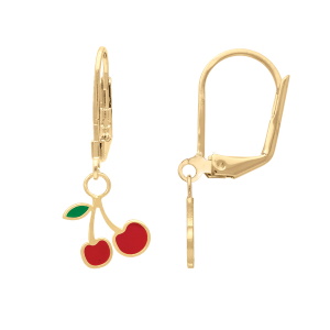 Boucles d'oreilles dormeuses en plaqué or jaune 18 carats avec un pendant en forme de cerises pavées d'émail de couleur.
