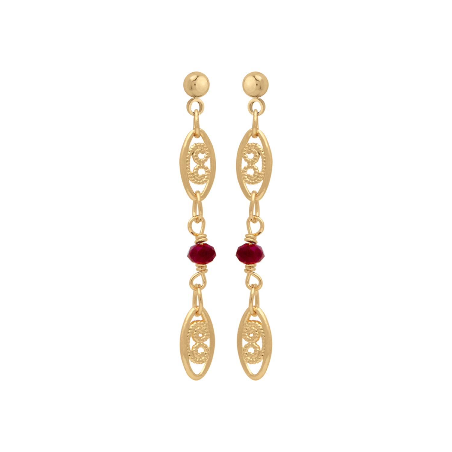 Boucles d'oreilles pendantes avec motifs en filigrane en plaqué or jaune 18 carats et une perle en verre couleur grenat. Pendantes Perle Adolescent Adulte Femme Fille Indémodable Boucles d'oreilles pendantes avec motifs en filigrane en plaqué or jaune 18 carats et une perle en verre couleur grenat. Pendantes Perle Adolescent Adulte Femme Fille Indémodable