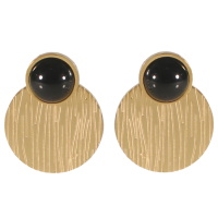 Boucles d'oreilles pendantes composées d'une puce en acier doré sertie d'une véritable pierre d'agate noire et d'une pastille ronde avec rayures en acier doré.