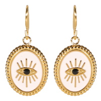 Boucles d'oreilles pendantes composées d'une pastille ovale avec œil de Turquie en acier doré et pavée d'émail de couleur blanche.