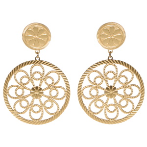 Boucles d'oreilles pendantes composées d'une pastille ronde avec motifs et d'une pastille ronde avec motifs filigranes en acier doré.