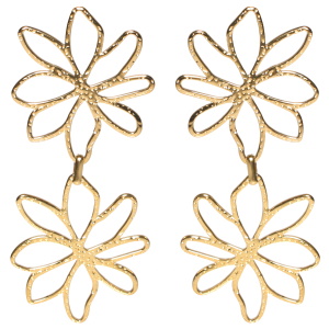 Boucles d'oreilles pendantes composées de deux fleurs en acier doré.