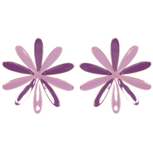 Boucles d'oreilles pendantes en forme de fleur en acier doré pavées d'émail de couleur violet.