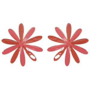 Boucles d'oreilles pendantes en forme de fleur en acier doré pavées d'émail de couleur rouge.