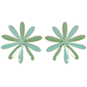 Boucles d'oreilles pendantes en forme de fleur en acier doré pavées d'émail de couleur vert.