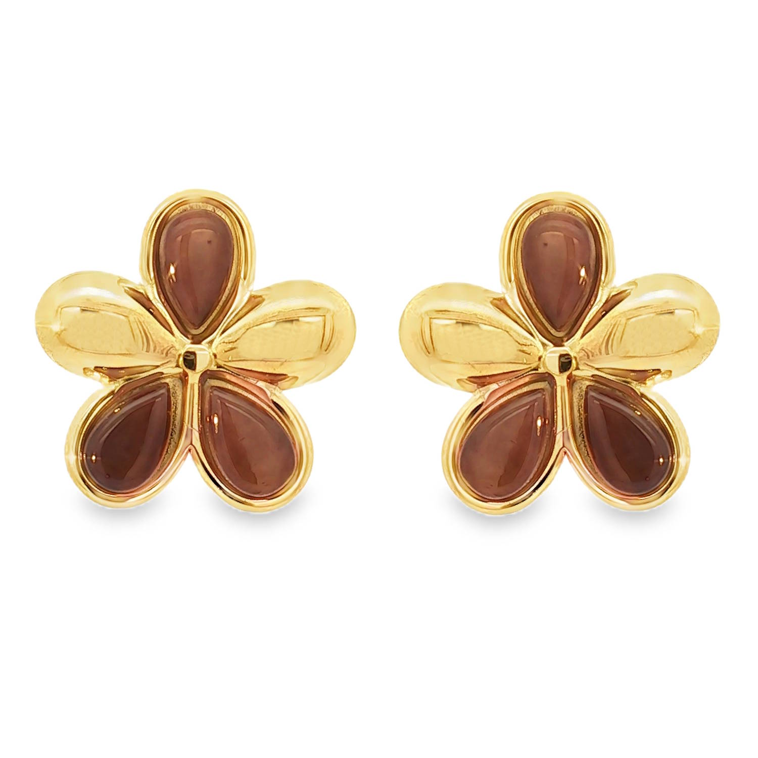 Élégantes boucles d'oreilles en acier doré, capturant un motif floral stylisé.<br/>Cinq cabochons de cymophane marron, taillés en ovale, forment les pétales, offrant un contraste chaleureux et une texture douce.<br/>La monture dorée met en valeur l'éclat subtil de la pierre.<br/>Un bijou raffiné qui ajoute une touche de couleur et de sophistication à toute tenue. Pendantes Rond Adolescent Adulte Femme Fille Fleurs Indémodable Nature Élégantes boucles d'oreilles en acier doré, capturant un motif floral stylisé.<br/>Cinq cabochons de cymophane marron, taillés en ovale, forment les pétales, offrant un contraste chaleureux et une texture douce.<br/>La monture dorée met en valeur l'éclat subtil de la pierre.<br/>Un bijou raffiné qui ajoute une touche de couleur et de sophistication à toute tenue. Pendantes Rond Adolescent Adulte Femme Fille Fleurs Indémodable Nature