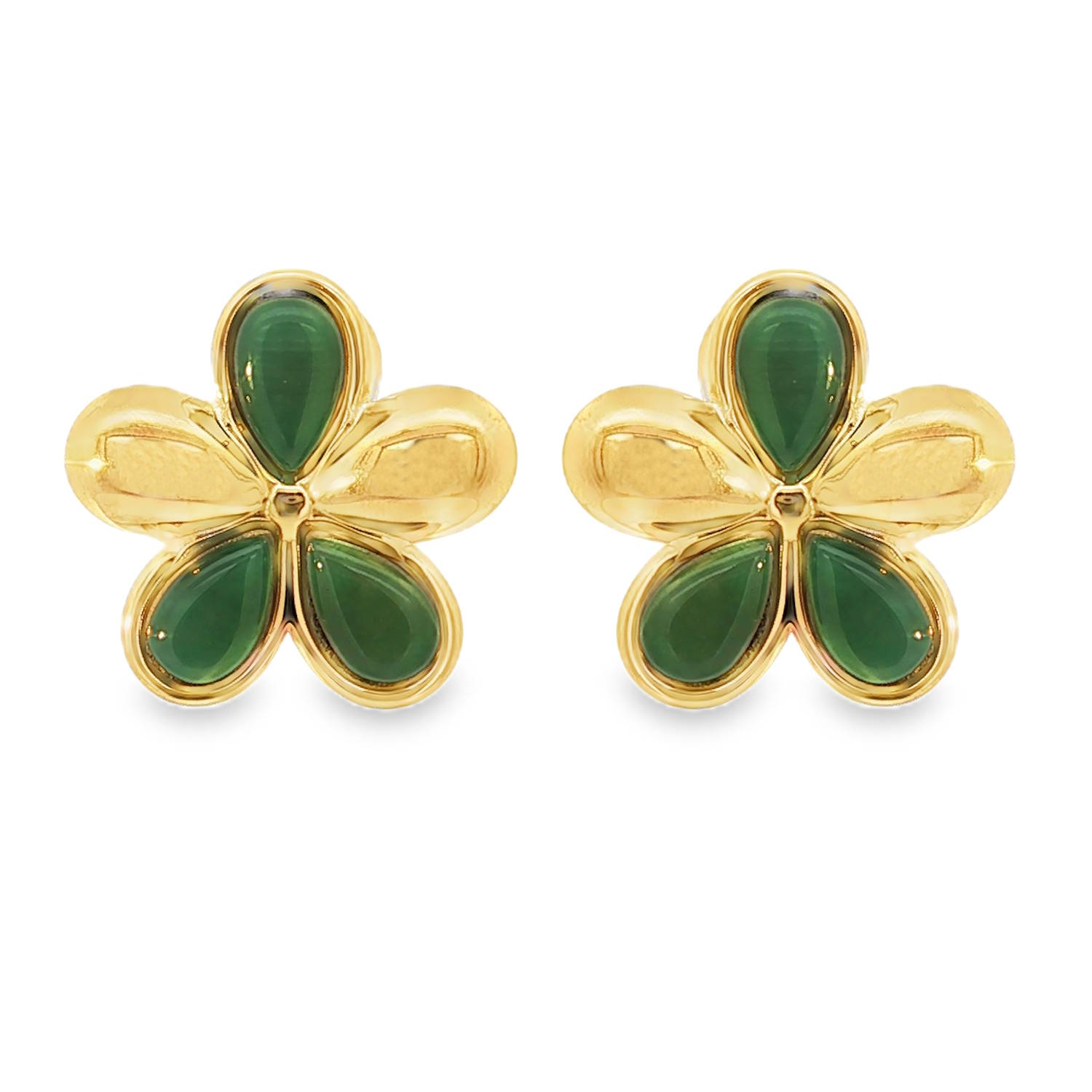 Élégantes boucles d'oreilles en acier doré, capturant un motif floral stylisé.<br/>Cinq cabochons de cymophane vert, taillés en ovale, forment les pétales, offrant un contraste chaleureux et une texture douce.<br/>La monture dorée met en valeur l'éclat subtil de la pierre.<br/>Un bijou raffiné qui ajoute une touche de couleur et de sophistication à toute tenue. Pendantes Rond Adolescent Adulte Femme Fille Fleurs Indémodable Nature Élégantes boucles d'oreilles en acier doré, capturant un motif floral stylisé.<br/>Cinq cabochons de cymophane vert, taillés en ovale, forment les pétales, offrant un contraste chaleureux et une texture douce.<br/>La monture dorée met en valeur l'éclat subtil de la pierre.<br/>Un bijou raffiné qui ajoute une touche de couleur et de sophistication à toute tenue. Pendantes Rond Adolescent Adulte Femme Fille Fleurs Indémodable Nature