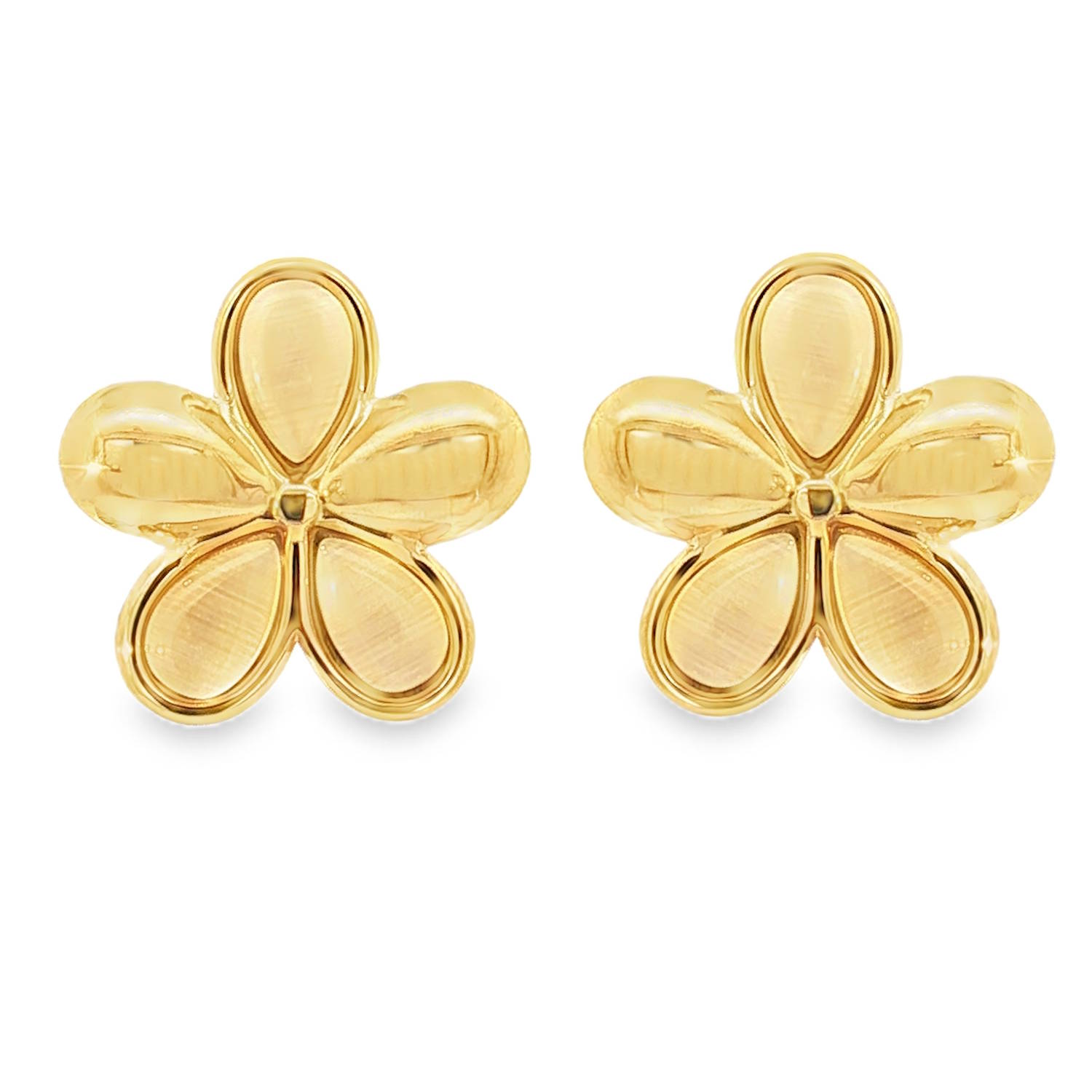 Élégantes boucles d'oreilles en acier doré, ornée de délicates pierres de cymophane taillées en cabochon.<br/>Le design floral, à la fois classique et raffiné, ajoute une touche de lumière douce et mystérieuse.<br/>Un accessoire discret mais distinctif, parfait pour rehausser un chemisier ou une veste. Pendantes Rond Adolescent Adulte Femme Fille Fleurs Indémodable Nature Élégantes boucles d'oreilles en acier doré, ornée de délicates pierres de cymophane taillées en cabochon.<br/>Le design floral, à la fois classique et raffiné, ajoute une touche de lumière douce et mystérieuse.<br/>Un accessoire discret mais distinctif, parfait pour rehausser un chemisier ou une veste. Pendantes Rond Adolescent Adulte Femme Fille Fleurs Indémodable Nature