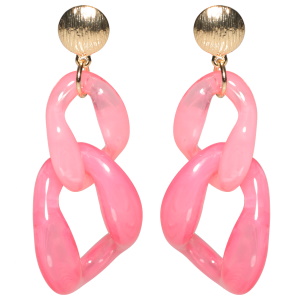 Boucles d'oreilles pendantes fantaisies composées d'une pastille ronde en métal doré et de maillons de chaîne de couleur rose.
