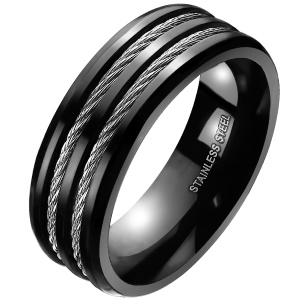 Bague en acier de couleur noir avec fils câbles en acier argenté.