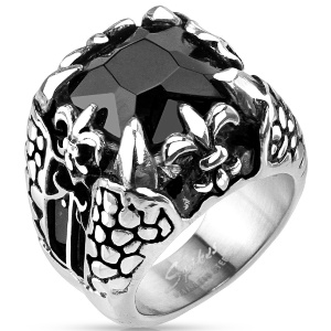 Bague pour homme en forme de griffes de dragon avec fleurs de lys en acier inoxydable argenté et une pierre d'onyx.