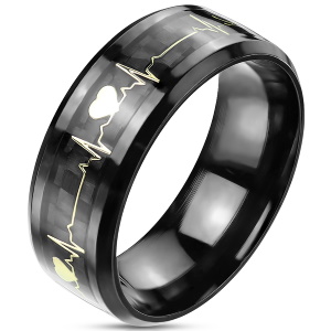 Bague anneau en acier 316L noir avec des motifs dorés de battement de coeur.