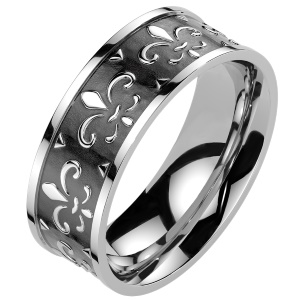 Bague anneau pour homme en acier inoxydable 316L argenté avec motifs de fleur de lys.