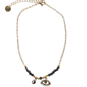 Bracelet chaîne de cheville composé d'une chaîne avec perles en acier doré, de perles de couleur noire, d'un pendant œil de Turquie pavé d'émail et d'un pendant œil de Turquie en acier doré. Fermoir mousqueton avec 4 cm de rallonge.