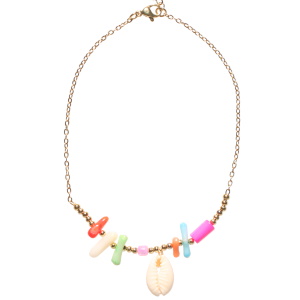 Bracelet chaîne de cheville composé d'une chaîne avec perles en acier doré, de pierres multicolores et d'un coquillage cauri. Fermoir mousqueton avec 4 cm de rallonge.