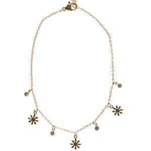Bracelet chaîne de cheville composé d'une chaîne avec pampilles en forme de fleur en acier doré et pampilles rondes serties de cristaux. Fermoir mousqueton avec 4 cm de rallonge.
