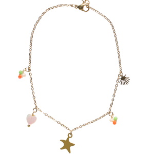 Bracelet chaîne de cheville composé d'une chaîne avec deux pampilles en forme de coquillage et étoile de mer en acier doré, un cœur en nacre et des pampilles de perles multicolores. Fermoir mousqueton avec 4 cm de rallonge.