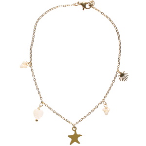 Bracelet chaîne de cheville composé d'une chaîne avec deux pampilles en forme de coquillage et étoile de mer en acier doré, un cœur en nacre et des pampilles de perles de couleur blanche. Fermoir mousqueton avec 4 cm de rallonge.